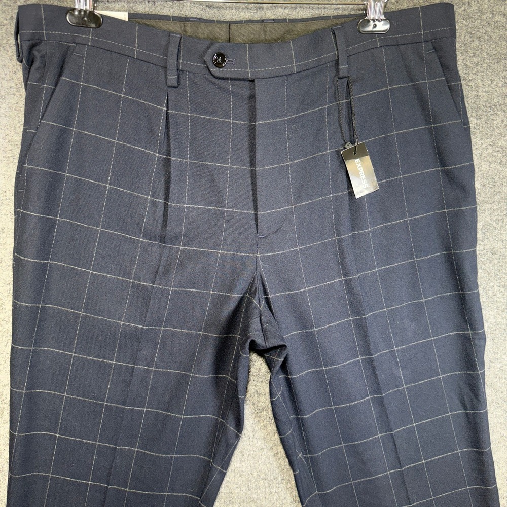 Express Slim Pleated Dress Pants Mens 36x34 Blue Windowpane Plaid Cotton Stretch - Picture 3 of 16